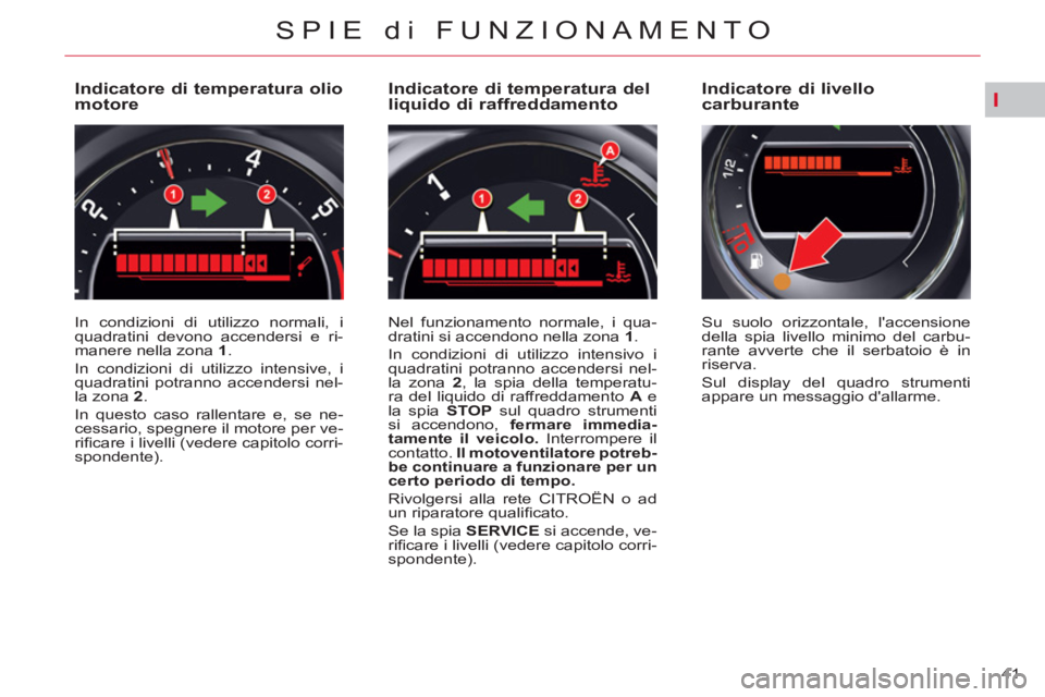 CITROEN C5 2014  Libretti Di Uso E manutenzione (in Italian) I
41 
SPIE di FUNZIONAMENTO
   
 
 
 
 
 
 
 
 
 
 
 
 
 
 
Indicatore di temperatura olio 
motore 
  In condizioni di utilizzo normali, i 
quadratini devono accendersi e ri-
manere nella zona  1 
. 
