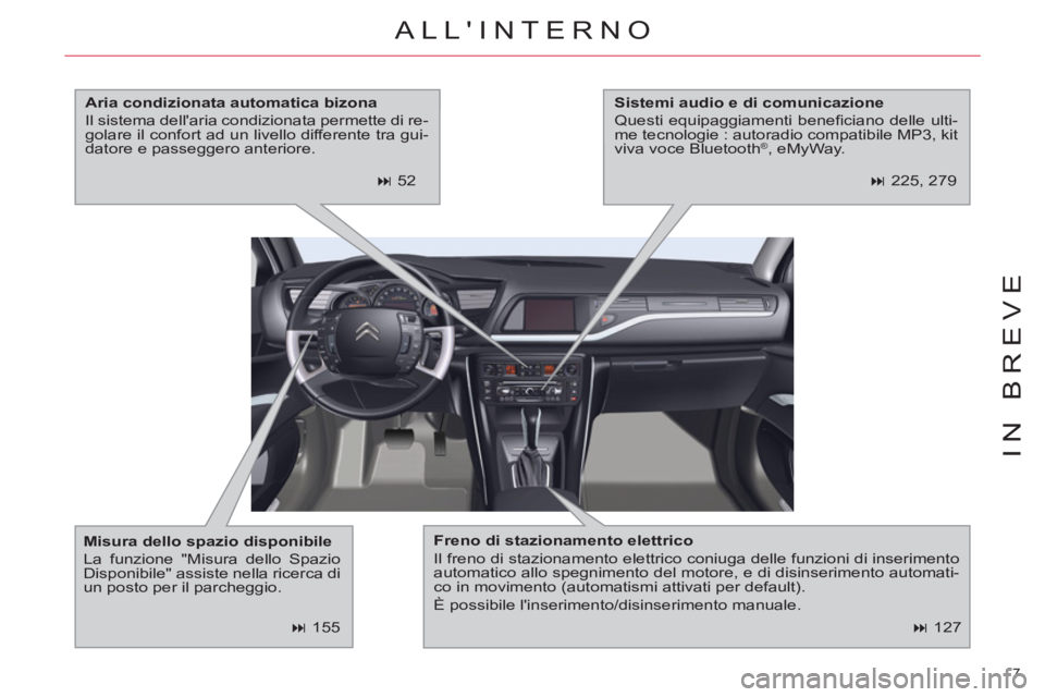 CITROEN C5 2014  Libretti Di Uso E manutenzione (in Italian) 7 
IN BREVE
   
 
� 
 127  
 ALLINTERNO
 
 
Freno di stazionamento elettrico 
 
  Il freno di stazionamento elettrico coniuga delle funzioni di inserimento 
automatico allo spegnimento del motore, e