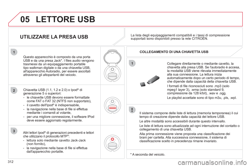 CITROEN C5 2012  Libretti Di Uso E manutenzione (in Italian) 312
05
1
2
3
1
  LETTORE USB 
 
 
Il sistema compone delle liste di lettura (memoria temporanea) il cui 
tempo di creazione dipende dalla capacità del lettore USB. 
  Le altre modalità sono accessib