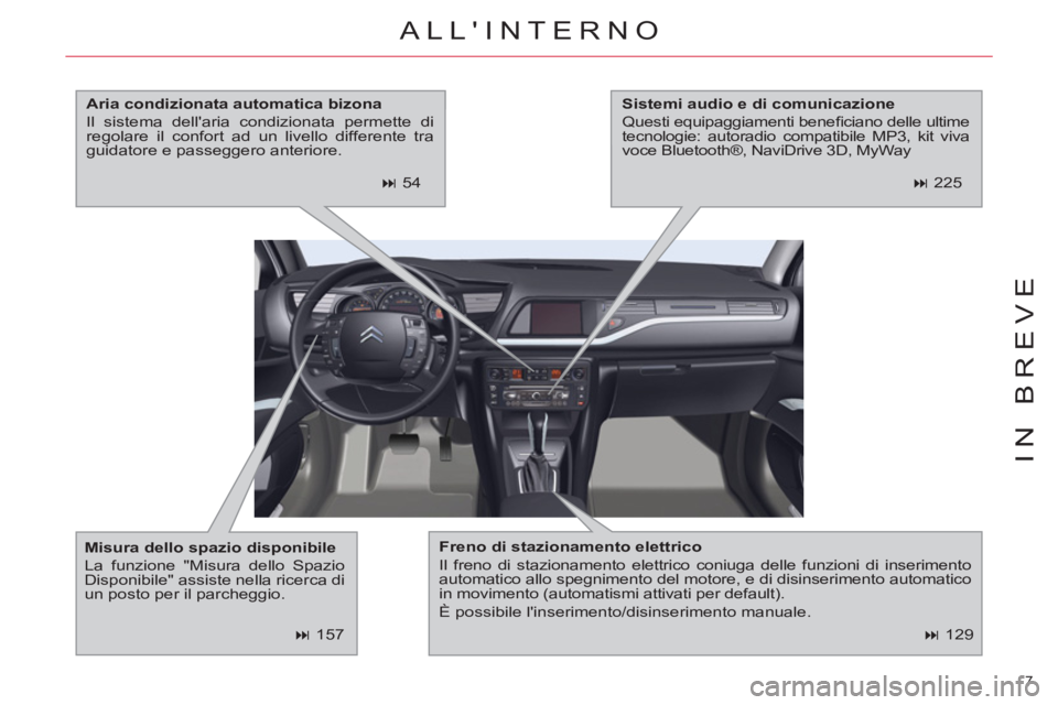 CITROEN C5 2012  Libretti Di Uso E manutenzione (in Italian) 7 
IN BREVE
   
 
� 
 129  
 
ALLINTERNO 
 
 
Freno di stazionamento elettrico 
 
  Il freno di stazionamento elettrico coniuga delle funzioni di inserimento 
automatico allo spegnimento del motore,