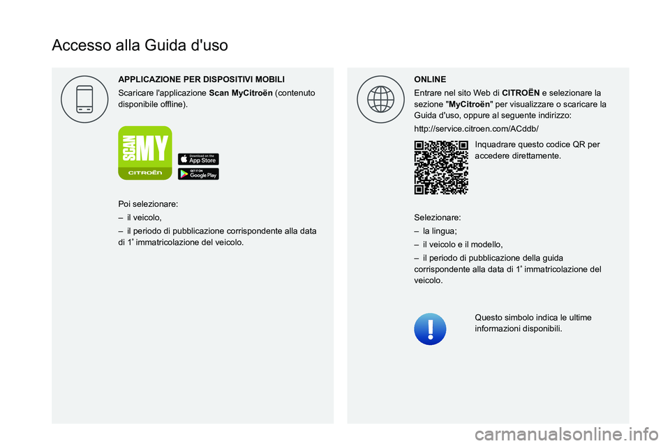 CITROEN C5 AIRCROSS 2022 Libretti Di Uso E manutenzione (in Italian)
Accesso alla Guida d'uso
APPLICAZIONE PER DISPOSITIVI MOBILI
Scaricare l'applicazione
Scan MyCitro\353n
(contenuto
0047004C0056005300520051004C0045004C004F00480003005 CITROEN C5 AIRCROSS 2022 Libretti Di Uso E manutenzione (in Italian)
Accesso alla Guida d'uso
APPLICAZIONE PER DISPOSITIVI MOBILI
Scaricare l'applicazione
Scan MyCitro\353n
(contenuto
0047004C0056005300520051004C0045004C004F00480003005