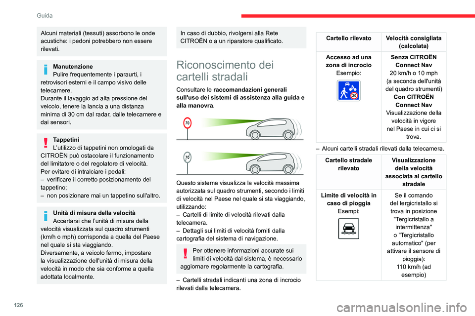 CITROEN C5 AIRCROSS 2022  Libretti Di Uso E manutenzione (in Italian) 126
Guida
Alcuni materiali (tessuti) assorbono le onde 
acustiche: i pedoni potrebbero non essere 
rilevati.
Manutenzione
Pulire frequentemente i paraurti, i 
retrovisori esterni e il campo visivo del