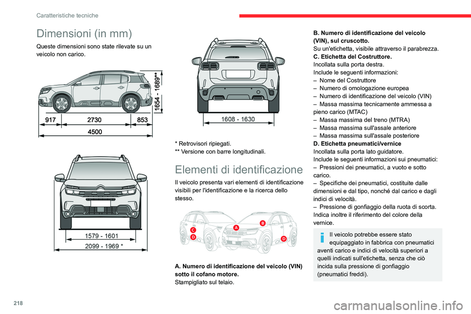 CITROEN C5 AIRCROSS 2022  Libretti Di Uso E manutenzione (in Italian) 218
Caratteristiche tecniche
Dimensioni (in mm)
Queste dimensioni sono state rilevate su un 
veicolo non carico.
 
 
 
 
 
 
* Retrovisori ripiegati.
** Versione con barre longitudinali.
Elementi di  