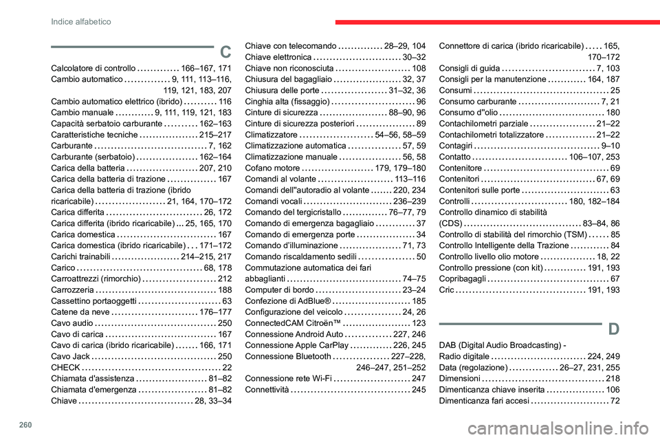 CITROEN C5 AIRCROSS 2022  Libretti Di Uso E manutenzione (in Italian) 260
Indice alfabetico
C
Calcolatore di controllo     166–167, 171
Cambio automatico     
9, 111, 113–116,  
119, 121, 183, 207
Cambio automatico elettrico (ibrido)
    
11 6
Cambio manuale
    
9,