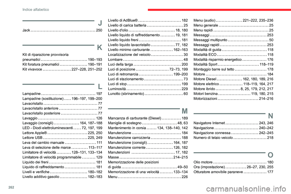 CITROEN C5 AIRCROSS 2022  Libretti Di Uso E manutenzione (in Italian) 262
Indice alfabetico
J
Jack    250
K
Kit di riparazione provvisoria  
pneumatici
    
190–193
Kit foratura pneumatici
    
190–191
Kit vivavoce
    
227–228, 251–252
L
Lampadine     197
Lampa