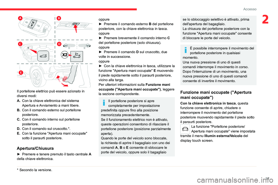 CITROEN C5 AIRCROSS 2022  Libretti Di Uso E manutenzione (in Italian) 39
Accesso 
2
 
Il portellone elettrico può essere azionato in 
diversi modi:
A.Con la chiave elettronica del sistema 
Apertura e Avviamento a mani libere.
B. Con il comando esterno sul portellone 
p