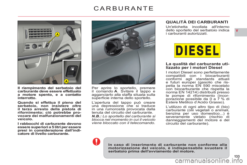 CITROEN C6 2012  Libretti Di Uso E manutenzione (in Italian) 133
VA
A
CARBURANTE
In caso di inserimento di carburante non conforme allamotorizzazione del veicolo, è indispensabile svuotare ilserbatoio prima dellavviamento del motore.
Il riempimento del serbat
