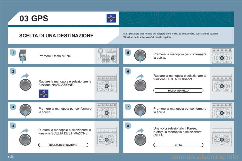 CITROEN C6 2012  Libretti Di Uso E manutenzione (in Italian) 7.6
11
22
33
55
77
44
66
88
03
SCELTA DI UNA DESTINAZIONEN.B.: per avere una visione più dettagliata dei menu da selezionare, consultare la sezione"Struttura delle schermate" di questo capitolo. 
Pre