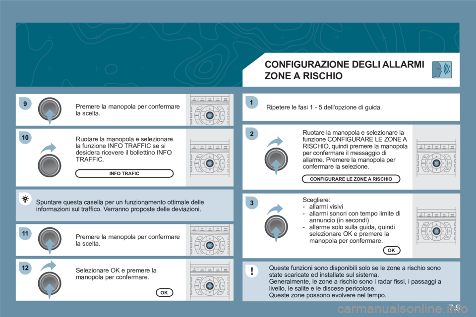 CITROEN C6 2012  Libretti Di Uso E manutenzione (in Italian) 7.9
99
1010
1111
1212
22
11
33
  Ruotare la manopola e selezionarela funzione INFO TRAFFIC se sidesidera ricevere il bollettino INFO TRAFFIC. 
 
Premere la manopola per confermare la scelta.
 Selezion
