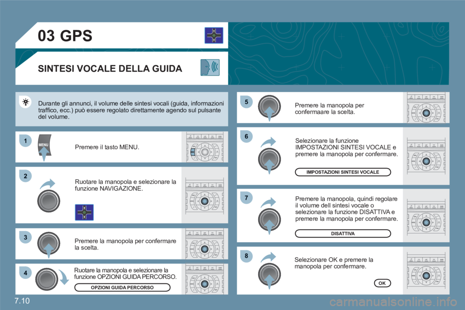 CITROEN C6 2012  Libretti Di Uso E manutenzione (in Italian) 7.10
03
66
88
77
55
11
22
33
44
GPS 
   SINTESI VOCALE DELLA GUIDA 
Premere la manopola per confermaare la scelta. 
 
Durante gli annunci, il volume delle sintesi vocali (guida, informazionitrafﬁ co