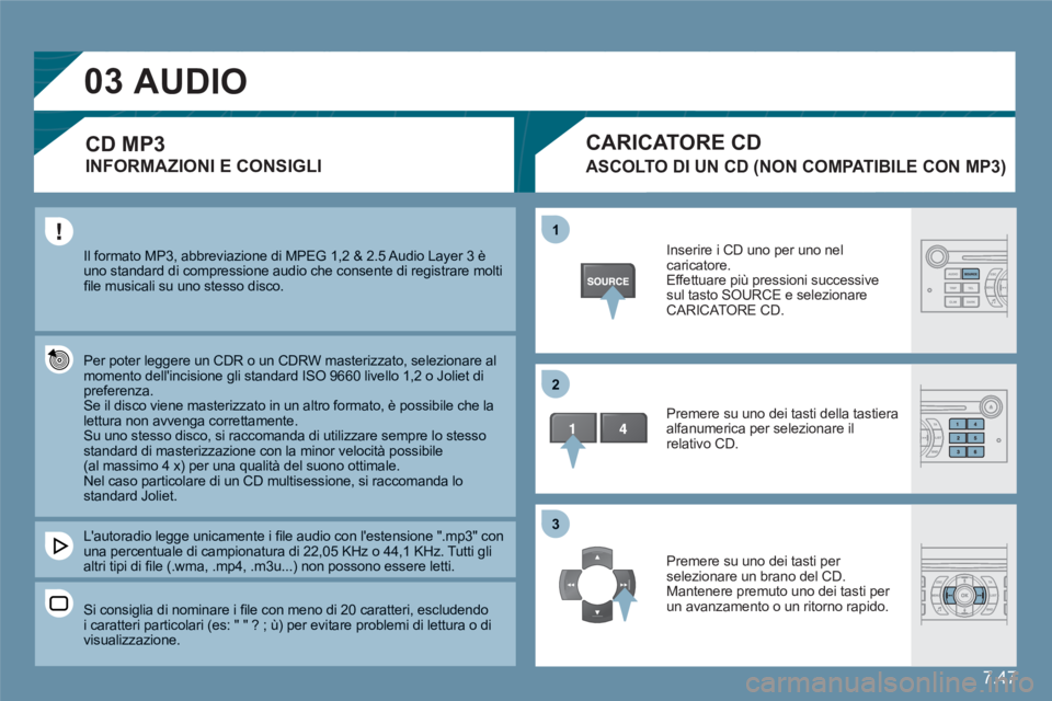 CITROEN C6 2012  Libretti Di Uso E manutenzione (in Italian) 7.47
03
11
22
33
  Il formato MP3, abbreviazione di MPEG 1,2 & 2.5 Audio Layer 3 èuno standard di compressione audio che consente di registrare moltiﬁ le musicali su uno stesso disco.
 
Per poter l