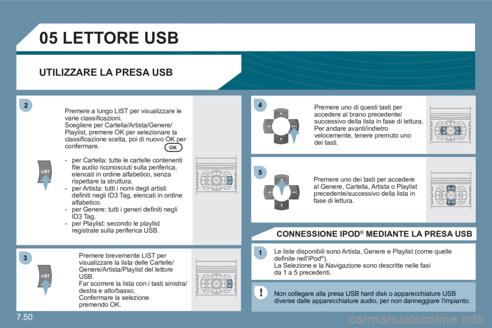 CITROEN C6 2012  Libretti Di Uso E manutenzione (in Italian) 7.50
33
05
44
11
55
22
  LETTORE USB 
UTILIZZARE LA PRESA USB
Premere brevemente LIST per visualizzare la lista delle Cartelle/ Genere/Artista/Playlist del lettore USB. Far scorrere la lista con i tas