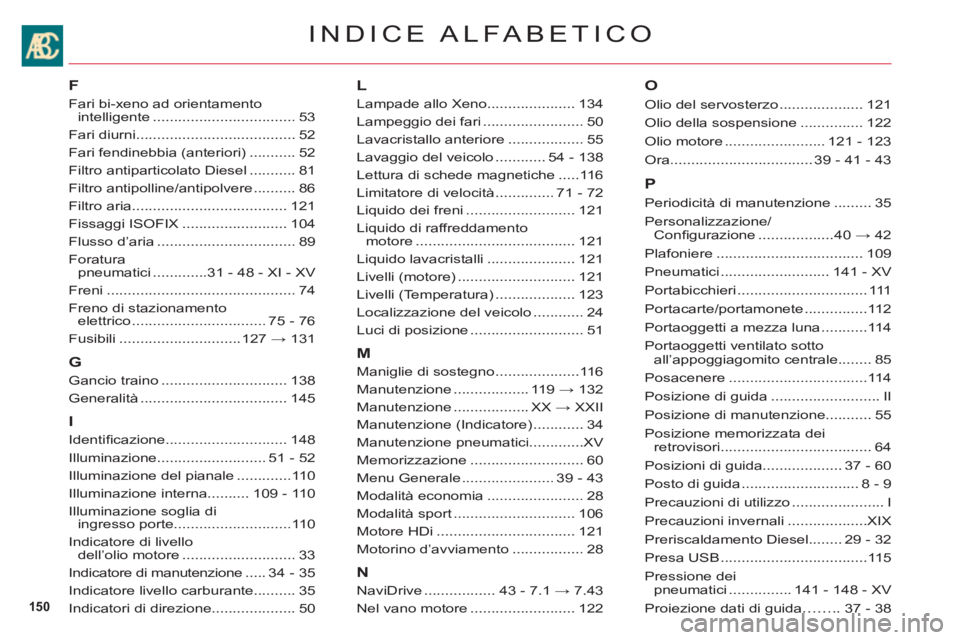 CITROEN C6 2012  Libretti Di Uso E manutenzione (in Italian) 150
INDICE ALFABETICO
F
Fari bi-xeno ad orientamento intelligente..................................53
Fari diurni......................................52
Fari fendinebbia (anteriori)...........52
Filt