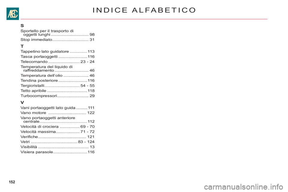 CITROEN C6 2012  Libretti Di Uso E manutenzione (in Italian) 152
INDICE ALFABETICO
S
Sportello per il trasporto dioggetti lunghi..............................98
Stop immediato.............................31
T
Tappetino lato guidatore..............113
Tasca port