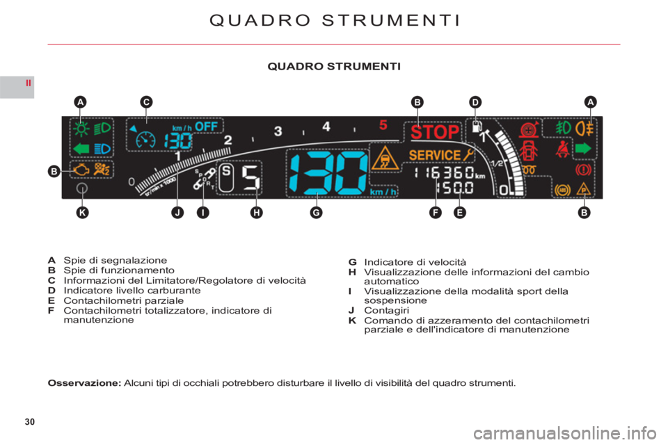 CITROEN C6 2012  Libretti Di Uso E manutenzione (in Italian) 30
II
KJIHGFEB
CABDA
B
QUADRO STRUMENTI
Osservazione:Alcuni tipi di occhiali potrebbero disturbare il livello di visibilità del quadro strumenti.
ASpie di segnalazioneBSpie di funzionamentoC Informaz