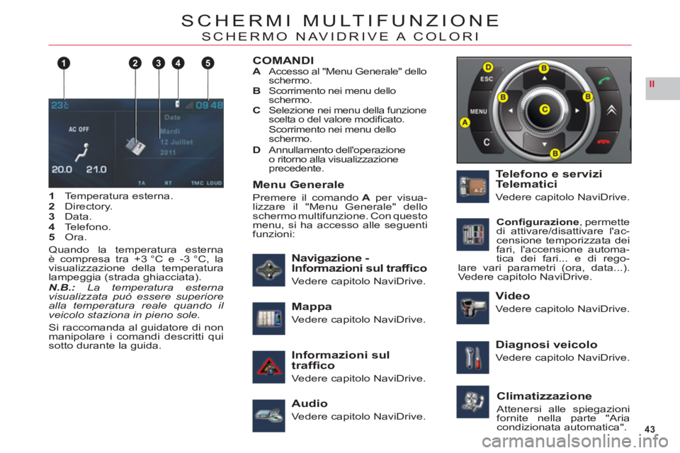 CITROEN C6 2012 Libretti Di Uso E manutenzione (in Italian) 43
II
124 35
SCHERMI MULTIFUNZIONE
SCHERMO NAVIDRIVE A COLORI
1Temperatura esterna.2Directory.3Data.4Telefono.5Ora.
Quando la temperatura esternaè compresa tra +3 °C e -3 °C, la
visualizzazione del CITROEN C6 2012 Libretti Di Uso E manutenzione (in Italian) 43
II
124 35
SCHERMI MULTIFUNZIONE
SCHERMO NAVIDRIVE A COLORI
1Temperatura esterna.2Directory.3Data.4Telefono.5Ora.
Quando la temperatura esternaè compresa tra +3 °C e -3 °C, la
visualizzazione del