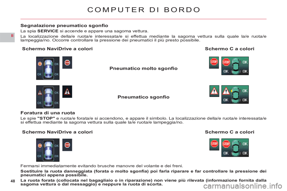 CITROEN C6 2012 Libretti Di Uso E manutenzione (in Italian) 48
II
COMPUTER DI BORDO
Segnalazione pneumatico sgonfi o
La spiaSERVICEsi accende e appare una sagoma vettura.
La localizzazione della/e ruota/e interessata/e si effettua mediante la sagoma vettura s CITROEN C6 2012 Libretti Di Uso E manutenzione (in Italian) 48
II
COMPUTER DI BORDO
Segnalazione pneumatico sgonfi o
La spiaSERVICEsi accende e appare una sagoma vettura.
La localizzazione della/e ruota/e interessata/e si effettua mediante la sagoma vettura s