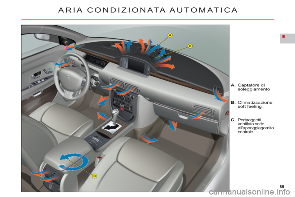 CITROEN C6 2012  Libretti Di Uso E manutenzione (in Italian) 85
III
ARIA CONDIZION ATA AUTOMATICA
A.Captatore disoleggiamento
B.Climatizzazione soft feeling
C.Portaoggetti
ventilato sottoallappoggiagomitocentrale 