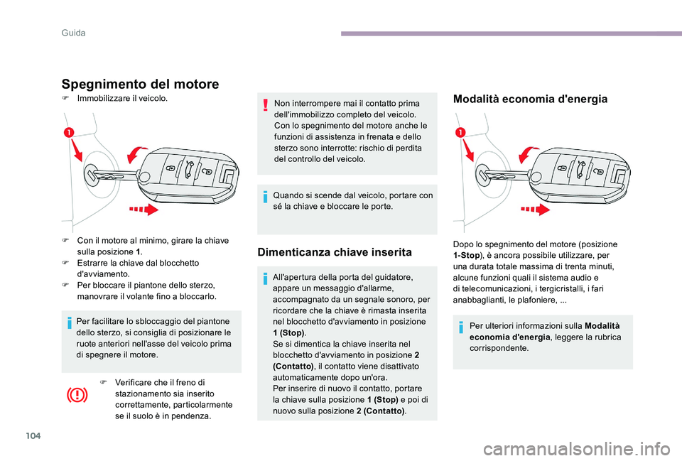 CITROEN C-ELYSÉE 2017  Libretti Di Uso E manutenzione (in Italian) 104
Spegnimento del motore
F Immobilizzare il veicolo.Modalità economia d'energia
Per ulteriori informazioni sulla Modalità 
economia d'energia, leggere la rubrica 
corrispondente.
F
 
C

on