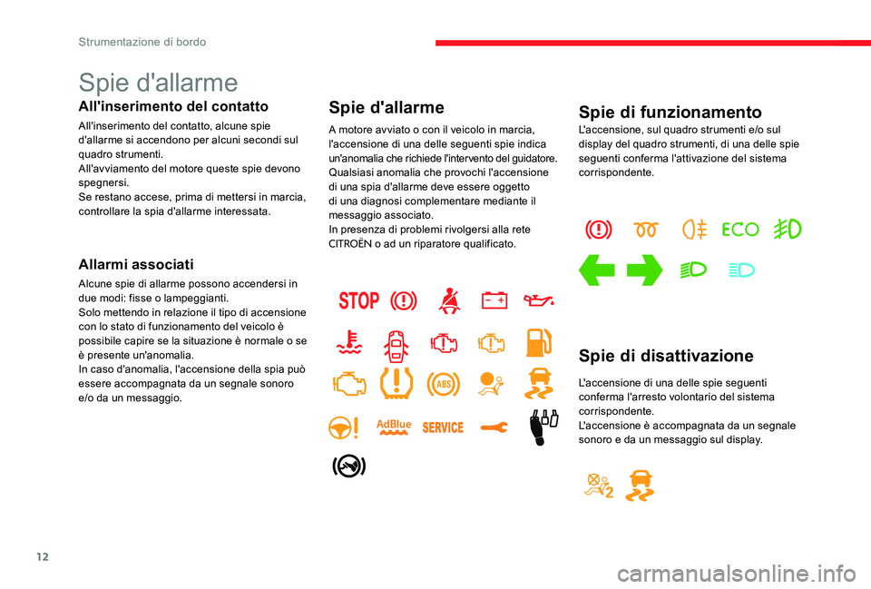 CITROEN C-ELYSÉE 2017  Libretti Di Uso E manutenzione (in Italian) 12
Spie d'allarme
All'inserimento del contatto
All'inserimento del contatto, alcune spie 
d'allarme si accendono per alcuni secondi sul 
quadro strumenti.
All'avviamento del motore