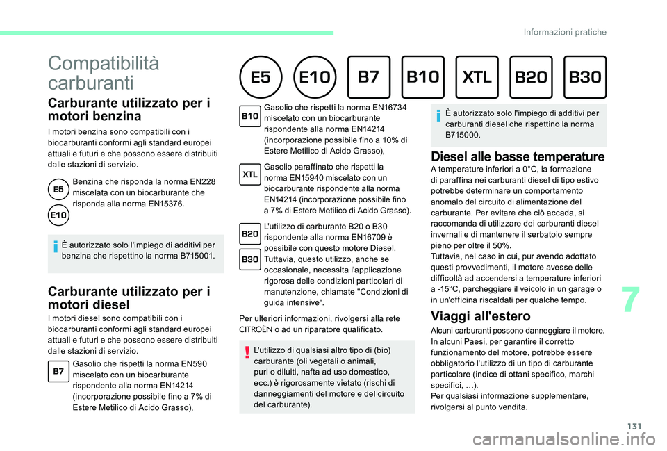 CITROEN C-ELYSÉE 2017  Libretti Di Uso E manutenzione (in Italian) 131
Carburante utilizzato per i 
motori benzina
I motori benzina sono compatibili con i 
biocarburanti conformi agli standard europei 
attuali e futuri e che possono essere distribuiti 
dalle stazioni