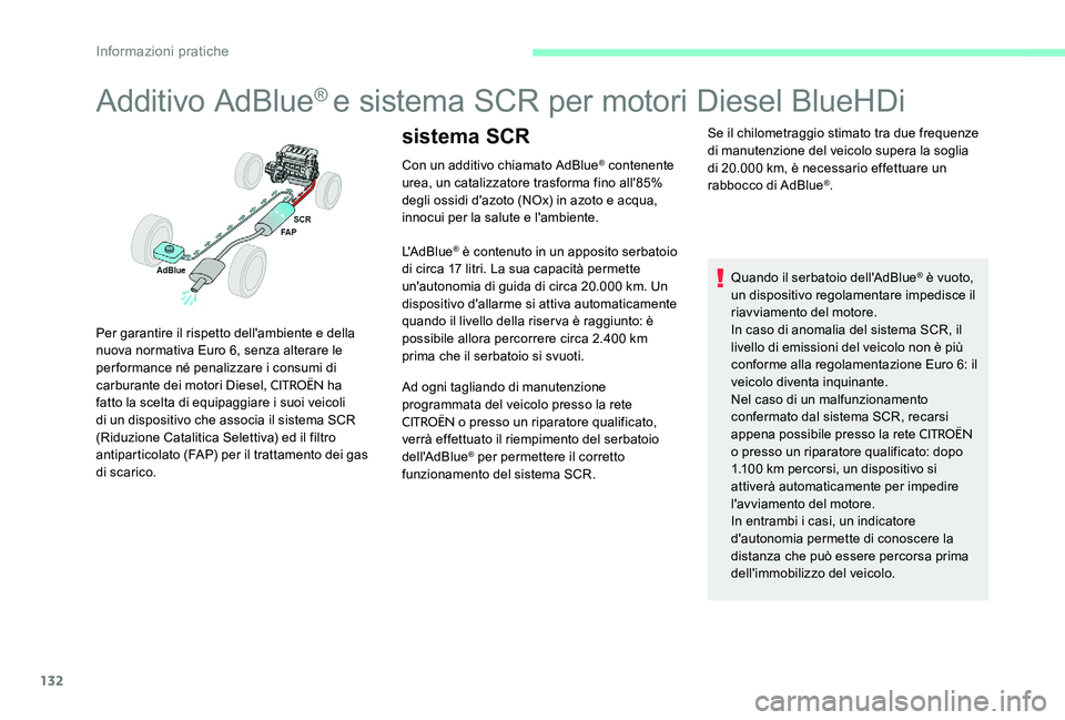 CITROEN C-ELYSÉE 2017  Libretti Di Uso E manutenzione (in Italian) 132
Additivo AdBlue® e sistema SCR per motori Diesel BlueHDi
Con un additivo chiamato AdBlue® contenente 
urea, un catalizzatore trasforma fino all'85% 
degli ossidi d'azoto (NOx) in azoto e
