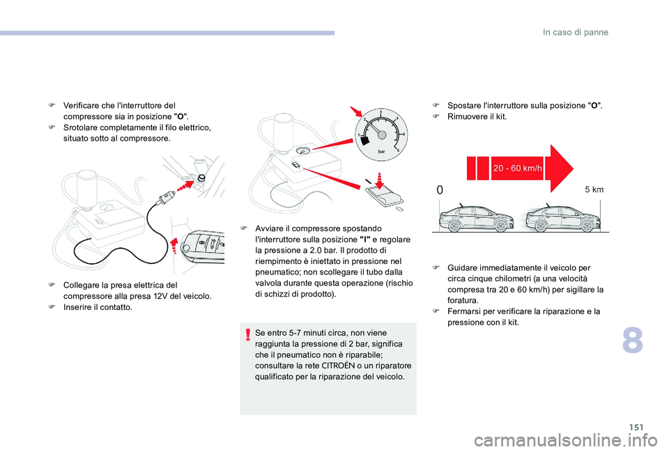 CITROEN C-ELYSÉE 2017  Libretti Di Uso E manutenzione (in Italian) 151
F Verificare che l'interruttore del compressore sia in posizione " O".
F
 
S
 rotolare completamente il filo elettrico, 
situato sotto al compressore.
Se entro 5 -7 minuti circa, non v