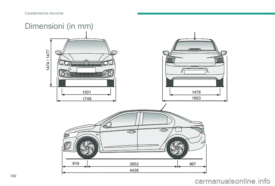 CITROEN C-ELYSÉE 2017  Libretti Di Uso E manutenzione (in Italian) 182
Dimensioni (in mm) 
Caratteristiche tecniche  