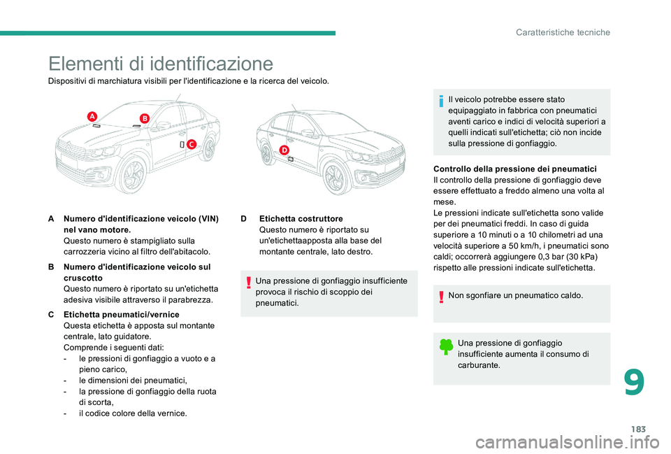CITROEN C-ELYSÉE 2017  Libretti Di Uso E manutenzione (in Italian) 183
Elementi di identificazione
Il veicolo potrebbe essere stato 
equipaggiato in fabbrica con pneumatici 
aventi carico e indici di velocità superiori a 
quelli indicati sull'etichetta; ciò non