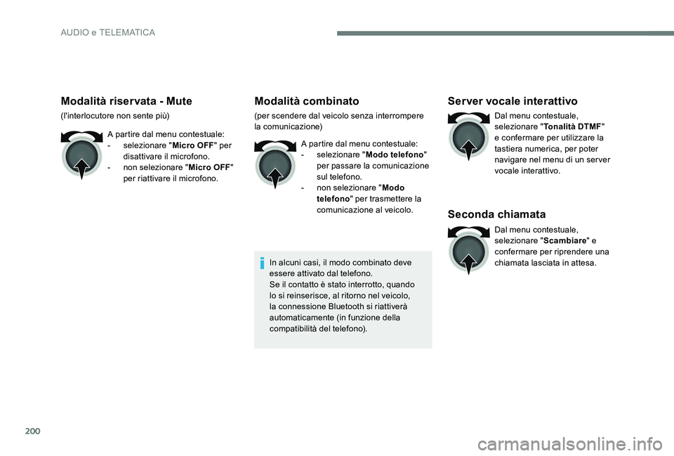 CITROEN C-ELYSÉE 2017  Libretti Di Uso E manutenzione (in Italian) 200
Modalità riservata - Mute
(l'interlocutore non sente più)A partire dal menu contestuale:
-
 
s
 elezionare "Micro OFF" per 
disattivare il microfono.
-
 
n
 on selezionare "Micro