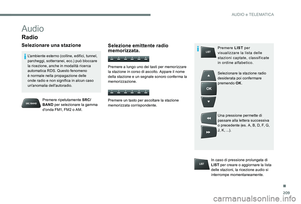 CITROEN C-ELYSÉE 2017  Libretti Di Uso E manutenzione (in Italian) 209
Audio
Radio
Selezionare una stazione
Premere ripetutamente SRC/
BAND per selezionare la gamma 
d'onda FM1, FM2 o AM.
L'ambiente esterno (colline, edifici, tunnel, 
parcheggi, sotterranei, 