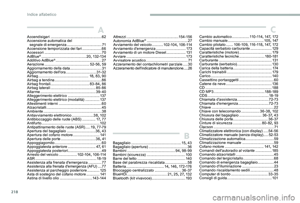 CITROEN C-ELYSÉE 2017  Libretti Di Uso E manutenzione (in Italian) 218
Accendisigari .................................................. 62
Accensione automatica del  segnale di emergenza
 

..................................71
Accensione temporizzata dei fari
 

....