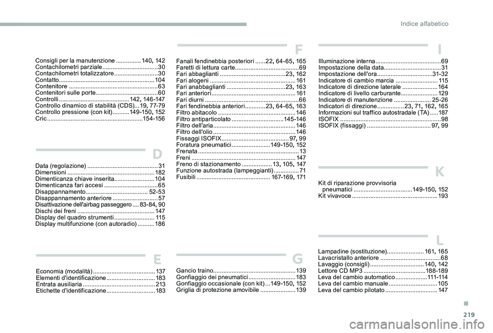 CITROEN C-ELYSÉE 2017  Libretti Di Uso E manutenzione (in Italian) 219
Data (regolazione) .......................................... 31
Dimensioni  .................................................... 182
Dimenticanza chiave inserita
 

........................104
Di