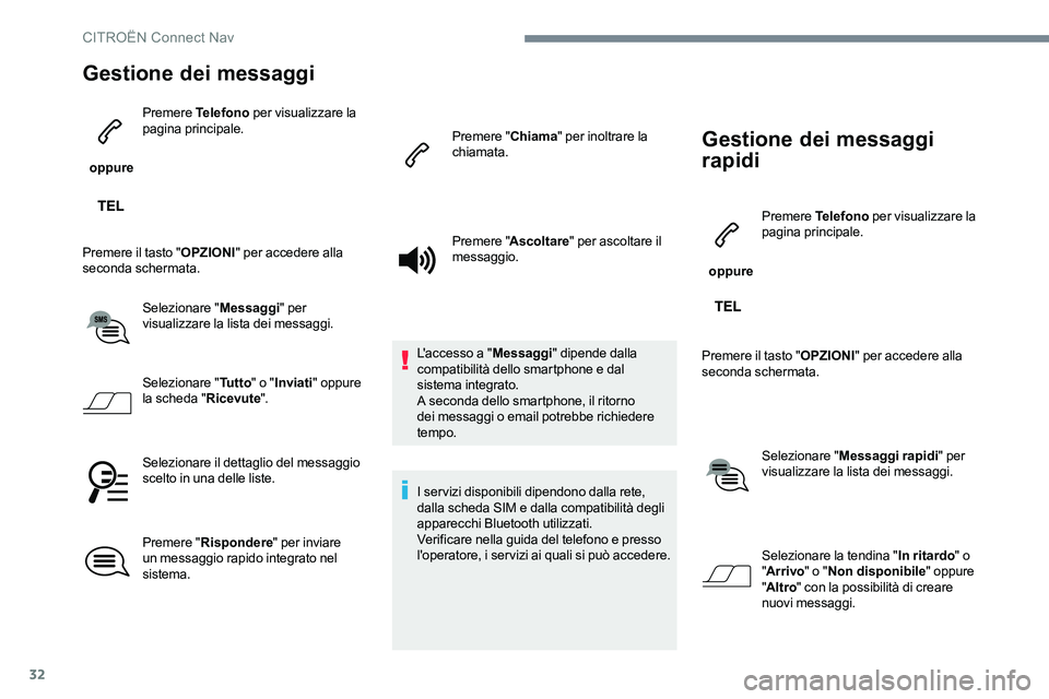CITROEN C-ELYSÉE 2017  Libretti Di Uso E manutenzione (in Italian) 32
Gestione dei messaggi
 oppure Premere
 Telefono  per visualizzare la 
pagina principale.
Premere il tasto " OPZIONI" per accedere alla 
seconda schermata.
Selezionare " Messaggi" pe