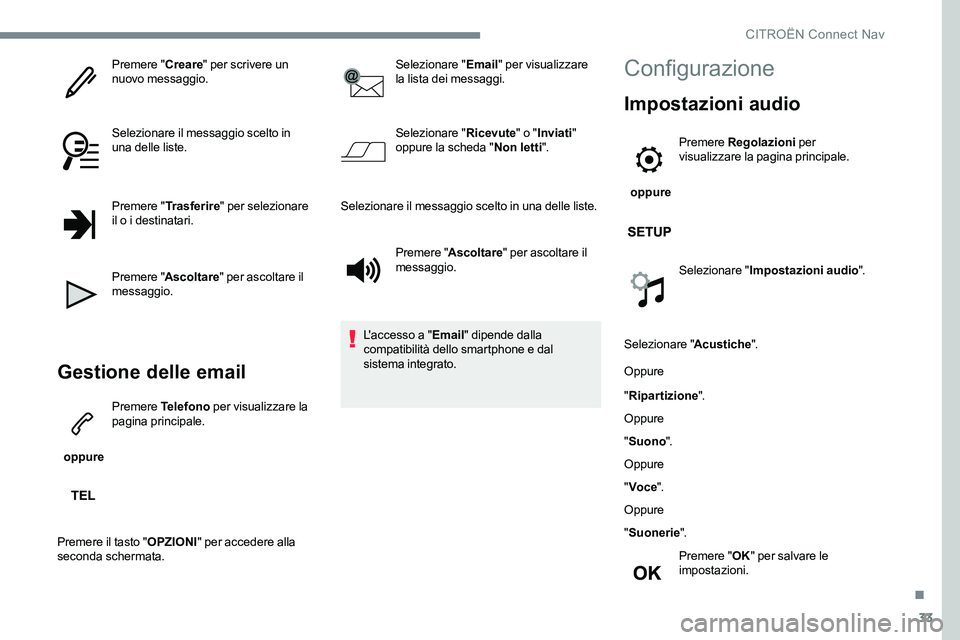 CITROEN C-ELYSÉE 2017  Libretti Di Uso E manutenzione (in Italian) 33
Premere "Creare" per scrivere un 
nuovo messaggio.
Selezionare il messaggio scelto in 
una delle liste.
Premere " Trasferire " per selezionare 
il o i destinatari.
Premere " Asc