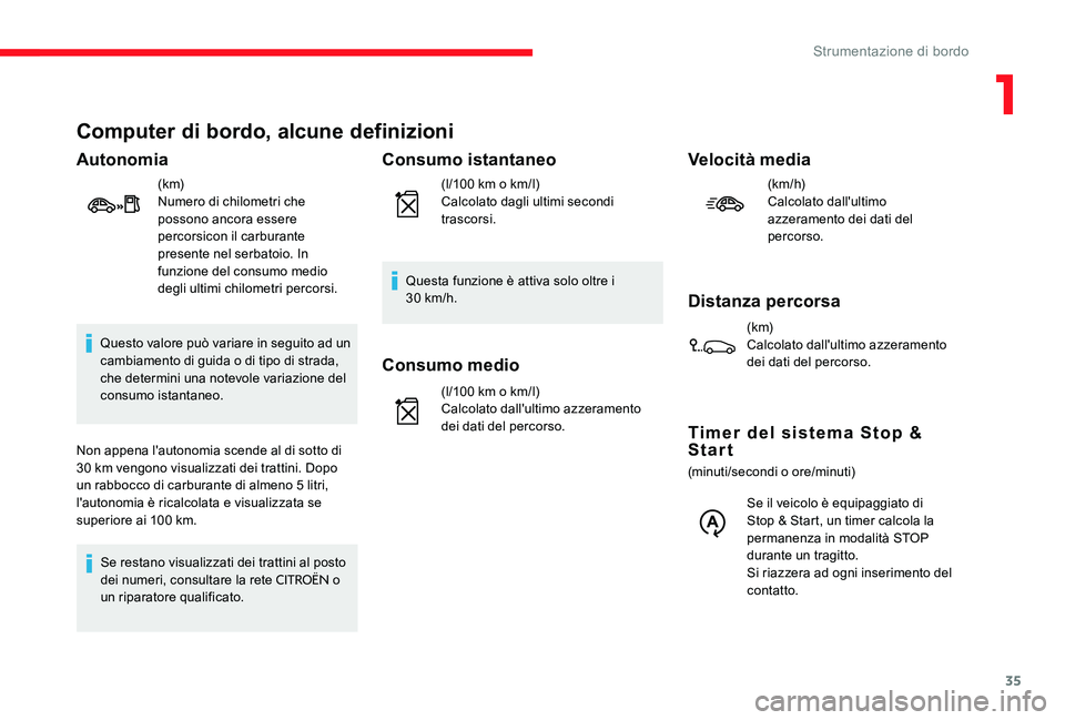 CITROEN C-ELYSÉE 2017  Libretti Di Uso E manutenzione (in Italian) 35
Computer di bordo, alcune definizioni
Autonomia
(k m)
Numero di chilometri che 
possono ancora essere 
percorsicon il carburante 
presente nel serbatoio. In 
funzione del consumo medio 
degli ultim