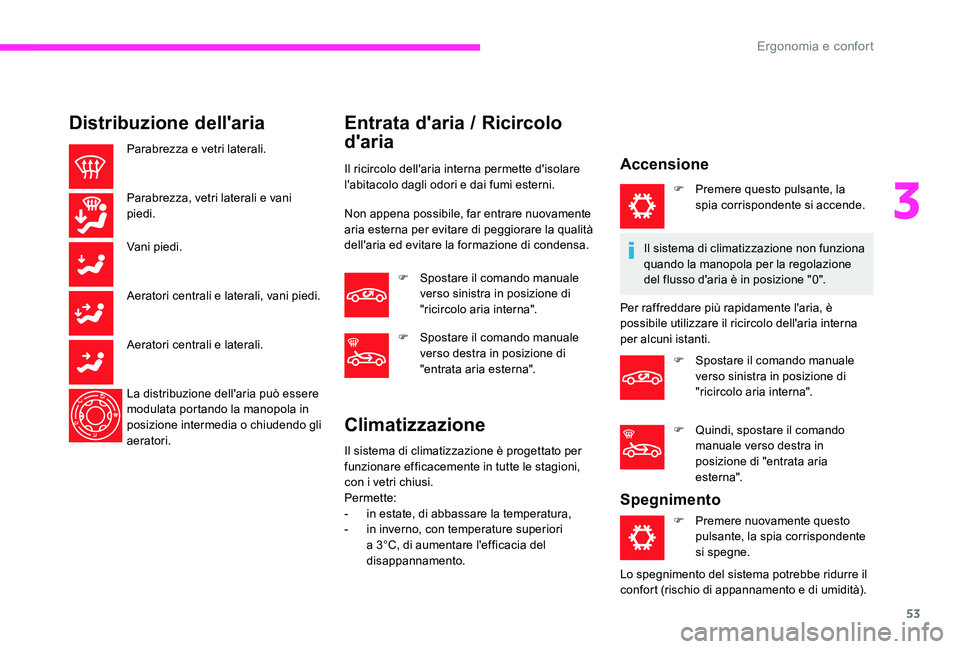 CITROEN C-ELYSÉE 2017  Libretti Di Uso E manutenzione (in Italian) 53
Distribuzione dell'aria
Parabrezza e vetri laterali.
Parabrezza, vetri laterali e vani 
piedi.
Vani piedi.
Aeratori centrali e laterali, vani piedi.
Aeratori centrali e laterali.
La distribuzio