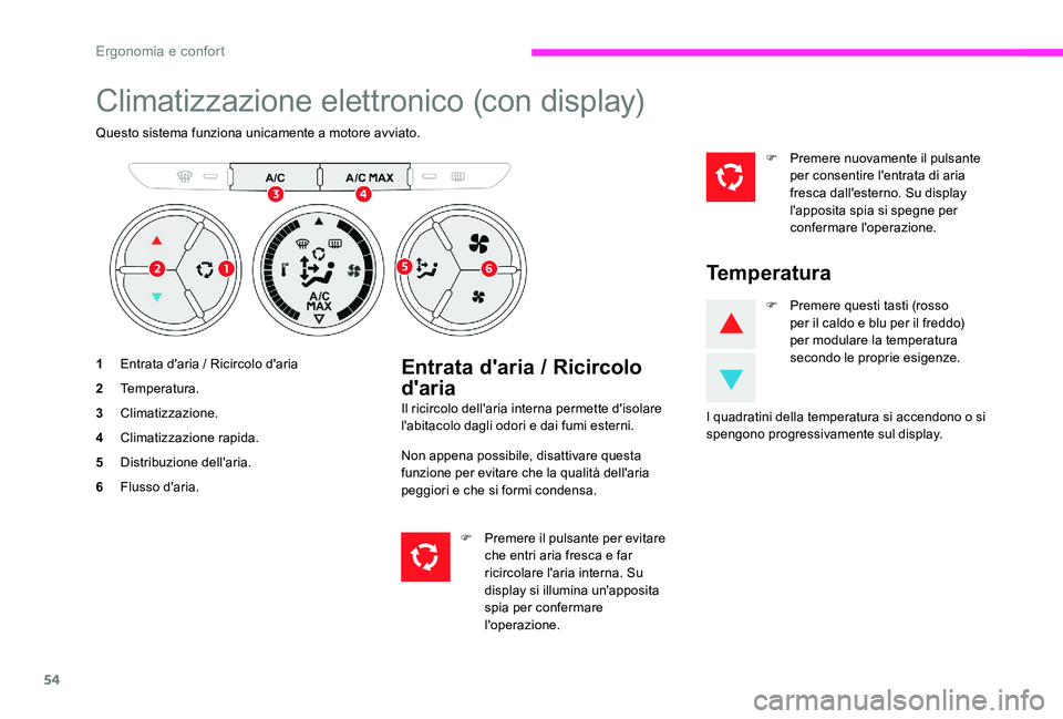 CITROEN C-ELYSÉE 2017  Libretti Di Uso E manutenzione (in Italian) 54
Climatizzazione elettronico (con display)
Questo sistema funziona unicamente a motore avviato.
1Entrata d'aria / Ricircolo d'aria
2 Temperatura.
3 Climatizzazione.
4 Climatizzazione rapida.