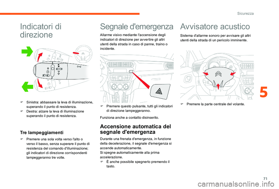 CITROEN C-ELYSÉE 2017  Libretti Di Uso E manutenzione (in Italian) 71
Indicatori di 
direzione
F Sinistra: abbassare la leva di illuminazione, superando il punto di resistenza.
F
 
D
 estra: alzare la leva di illuminazione 
superando il punto di resistenza.
Tre lampe