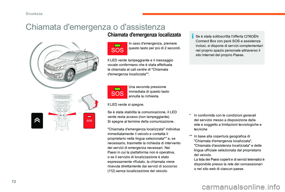 CITROEN C-ELYSÉE 2017  Libretti Di Uso E manutenzione (in Italian) 72
Chiamata d'emergenza o d'assistenza
Chiamata d'emergenza localizzata
*   In conformità con le condizioni generali del servizio messo a disposizione dalla 
rete e soggetto a limitazioni