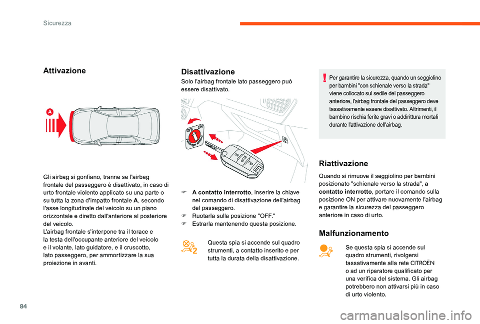CITROEN C-ELYSÉE 2017  Libretti Di Uso E manutenzione (in Italian) 84
AttivazioneDisattivazione
Malfunzionamento
Se questa spia si accende sul 
quadro strumenti, rivolgersi 
tassativamente alla rete 
CITROËN 
o ad un riparatore qualificato per 
una verifica del sist
