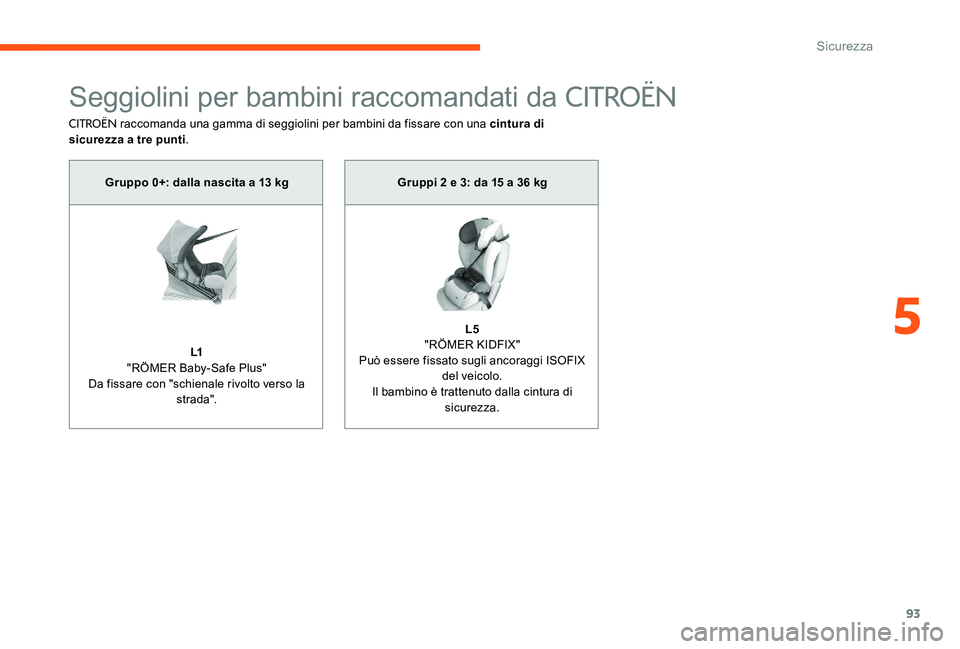 CITROEN C-ELYSÉE 2017  Libretti Di Uso E manutenzione (in Italian) 93
Seggiolini per bambini raccomandati da CITROËN
CITROËN raccomanda una gamma di seggiolini per bambini da fissare con una cintura di 
sicurezza a tre punti .
Gruppo 0+: dalla nascita a 13 kg
L1
&#
