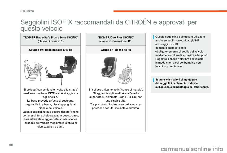 CITROEN C-ELYSÉE 2017 Libretti Di Uso E manutenzione (in Italian) 98
Seggiolini ISOFIX raccomandati da CITROËN e approvati per
questo veicolo
"RÖMER Baby- Safe Plus e base ISOFIX"
(classe di misura: E )
Gruppo 0+: dalla nascita a 13 kg
Si colloca "con CITROEN C-ELYSÉE 2017 Libretti Di Uso E manutenzione (in Italian) 98
Seggiolini ISOFIX raccomandati da CITROËN e approvati per
questo veicolo
"RÖMER Baby- Safe Plus e base ISOFIX"
(classe di misura: E )
Gruppo 0+: dalla nascita a 13 kg
Si colloca "con