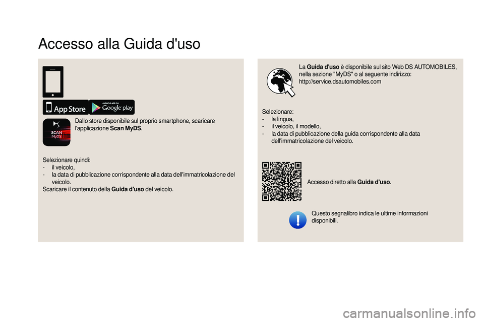 CITROEN DS3 2018  Libretti Di Uso E manutenzione (in Italian) Accesso alla Guida d'uso
La Guida d'uso  è disponibile sul sito Web DS   AUTOMOBILES, 
nella sezione "MyDS" o al seguente indirizzo:
http://service.dsautomobiles.com
Questo segnalibro