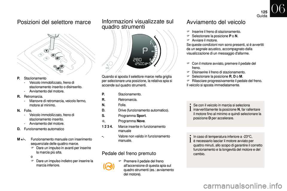 CITROEN DS3 2018  Libretti Di Uso E manutenzione (in Italian) 125
Posizioni del selettore marce
P.Stazionamento
-
 V eicolo immobilizzato, freno di 
stazionamento inserito o
 

disinserito.
-
 
A
 vviamento del motore.
R. Retromarcia.
-
 
M
 anovre di retromarci
