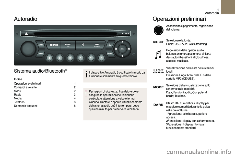 CITROEN DS3 2018 Libretti Di Uso E manutenzione (in Italian) 1
Autoradio
Sistema audio/Bluetooth®
Indice
Operazioni preliminari
1
C
omandi a volante
2
M
enu
2
R
adio
3
M
edia
4
T
elefono
6
D
omande frequenti
8I
l dispositivo Autora CITROEN DS3 2018 Libretti Di Uso E manutenzione (in Italian) 1
Autoradio
Sistema audio/Bluetooth®
Indice
Operazioni preliminari
1
C
omandi a volante
2
M
enu
2
R
adio
3
M
edia
4
T
elefono
6
D
omande frequenti
8I
l dispositivo Autora