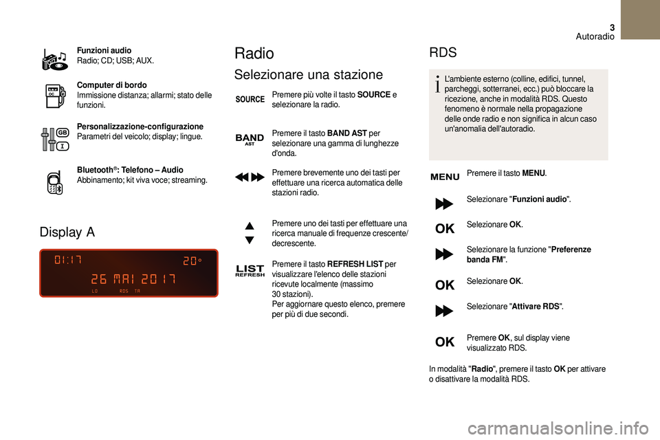 CITROEN DS3 2018 Libretti Di Uso E manutenzione (in Italian) 3
Funzioni audio
Radio; CD; USB; AUX.
Computer di bordo
Immissione distanza; allarmi; stato delle
funzioni.
Personalizzazione-configurazione
Parametri del veicolo; display; lingue.
Bluetooth
®: Tele CITROEN DS3 2018 Libretti Di Uso E manutenzione (in Italian) 3
Funzioni audio
Radio; CD; USB; AUX.
Computer di bordo
Immissione distanza; allarmi; stato delle
funzioni.
Personalizzazione-configurazione
Parametri del veicolo; display; lingue.
Bluetooth
®: Tele