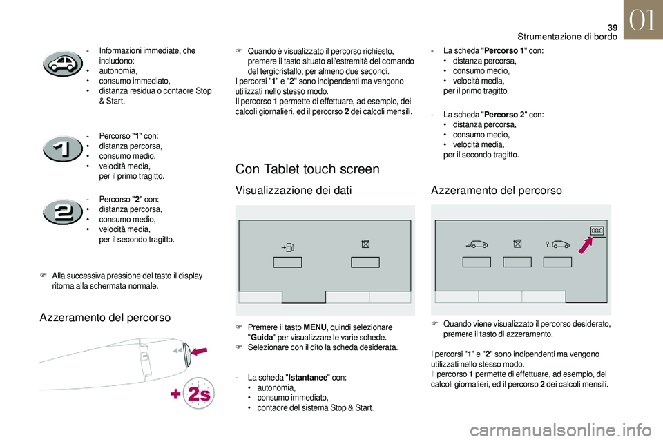 CITROEN DS3 2018 Libretti Di Uso E manutenzione (in Italian) 39
Azzeramento del percorso
Con Tablet touch screen
Visualizzazione dei dati
- Informazioni immediate, che includono:
•
au
tonomia,
•
c
onsumo immediato,
•
d
istanza residua o contaor CITROEN DS3 2018 Libretti Di Uso E manutenzione (in Italian) 39
Azzeramento del percorso
Con Tablet touch screen
Visualizzazione dei dati
- Informazioni immediate, che includono:
•
au
tonomia,
•
c
onsumo immediato,
•
d
istanza residua o contaor