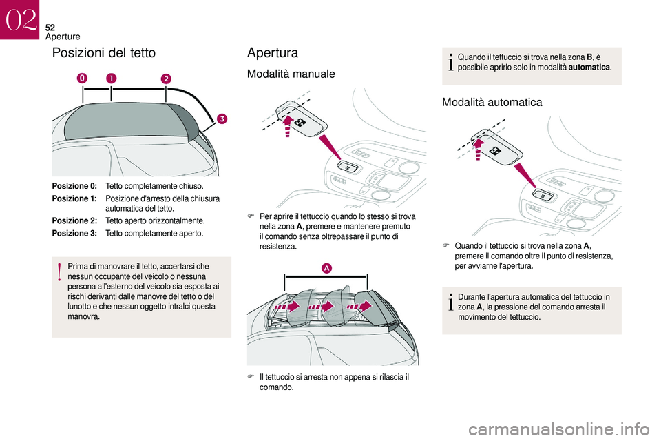 CITROEN DS3 2018 Libretti Di Uso E manutenzione (in Italian) 52
Posizioni del tetto
Posizione 0:Tetto completamente chiuso.
Posizione 1: Posizione d'arresto della chiusura
automatica del tetto.
Posizione 2: Tetto aperto orizzontalmente.
Posizione 3: Tetto CITROEN DS3 2018 Libretti Di Uso E manutenzione (in Italian) 52
Posizioni del tetto
Posizione 0:Tetto completamente chiuso.
Posizione 1: Posizione d'arresto della chiusura
automatica del tetto.
Posizione 2: Tetto aperto orizzontalmente.
Posizione 3: Tetto