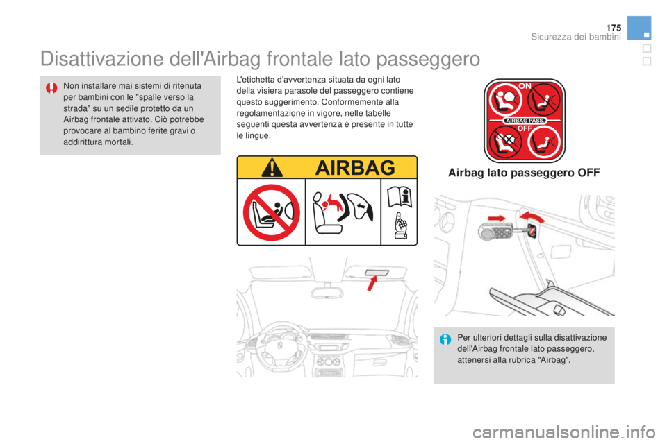 CITROEN DS3 2017  Libretti Di Uso E manutenzione (in Italian) 175
DS3_it_Chap07_securite-enfants_ed02-2015
Disattivazione dell'Airbag frontale lato passeggero
Non installare mai sistemi di ritenuta 
per bambini con le "spalle verso la 
strada" su un 